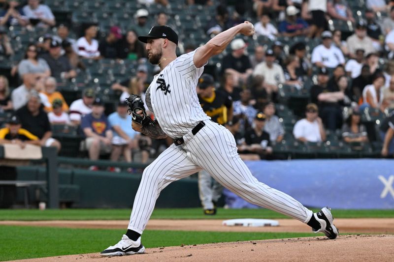 Jul 12, 2024; Chicago, Illinois, USA;  Chicago White Sox pitcher Garrett Crochet (45) delivers against the Pittsburgh Pirates during the first inning  at Guaranteed Rate Field. Mandatory Credit: Matt Marton-USA TODAY Sports