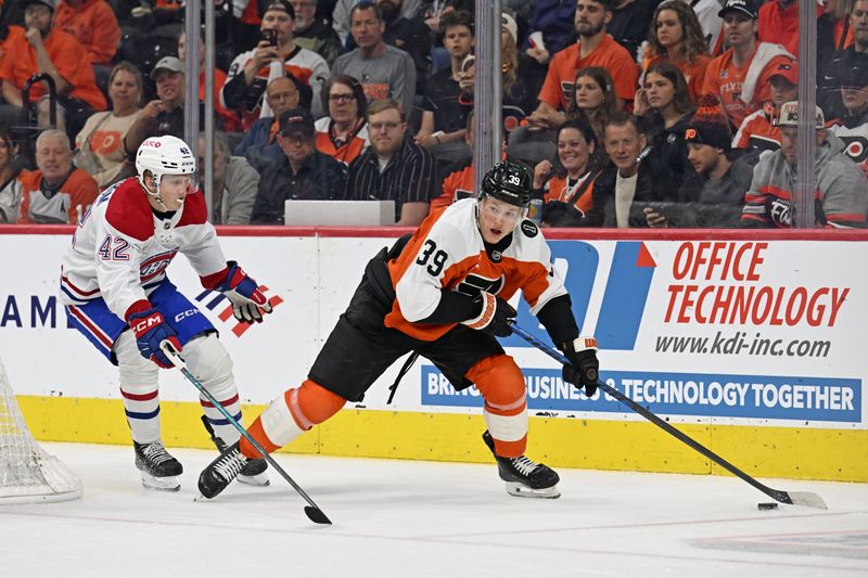Apr 14, 2026; Philadelphia, Pennsylvania, USA; Philadelphia Flyers right wing Matvei Michkov (39) carries the pick against Montréal Canadiens defenseman Adam Engstrom (42) during the second period at Xfinity Mobile Arena. Mandatory Credit: Eric Hartline-Imagn Images Apr 14, 2026; Philadelphia, Pennsylvania, USA; Philadelphia Flyers right wing Matvei Michkov (39) carries the pick against Montréal Canadiens defenseman Adam Engstrom (42) during the second period at Xfinity Mobile Arena. Mandatory Credit: Eric Hartline-Imagn Images