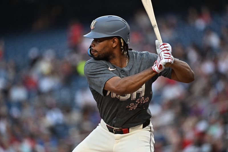 Aug 10, 2024; Washington, District of Columbia, USA;  Washington Nationals third baseman Jose Tena (8) stands at bat during the second inning against the Los Angeles Angels at Nationals Park. Mandatory Credit: James A. Pittman-USA TODAY Sports