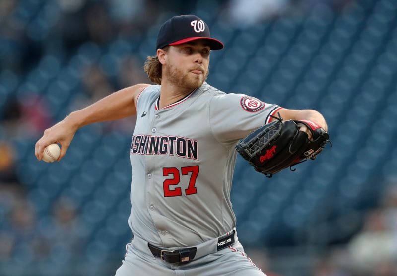 Sep 5, 2024; Pittsburgh, Pennsylvania, USA;  Washington Nationals starting pitcher Jake Irvin (27) delivers a pitch against the Pittsburgh Pirates during the first inning at PNC Park. Mandatory Credit: Charles LeClaire-Imagn Images