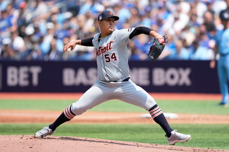 Jul 21, 2024; Toronto, Ontario, CAN;  Toronto Blue Jays pitcher Brendon Little (54) throws to the Toronto Blue Jays during the first inning at Rogers Centre. Mandatory Credit: John E. Sokolowski-USA TODAY Sports