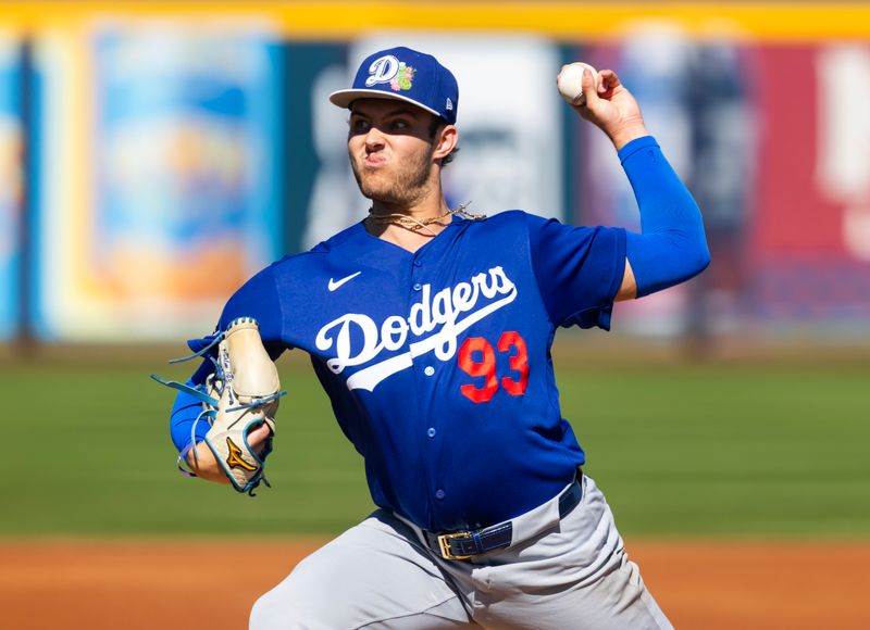 Feb 22, 2026; Peoria, Arizona, USA; Los Angeles Dodgers pitcher Jackson Ferris against the San Diego Padres during a spring training game at Peoria Sports Complex. Mandatory Credit: Mark J. Rebilas-Imagn Images