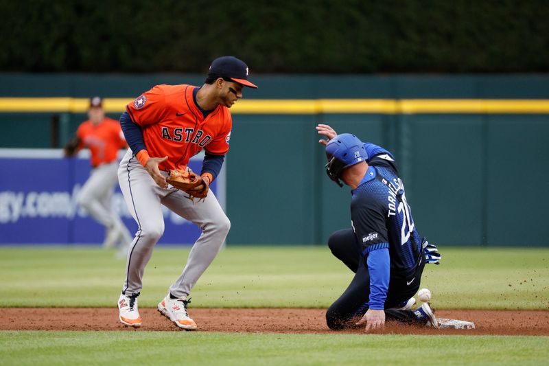 May 11, 2024; Detroit, Michigan, USA; Detroit Tigers first base Spencer Torkelson (20) slides into second base against the Houston Astros during the third inning at Comerica Park. Mandatory Credit: Brian Bradshaw Sevald-USA TODAY Sports