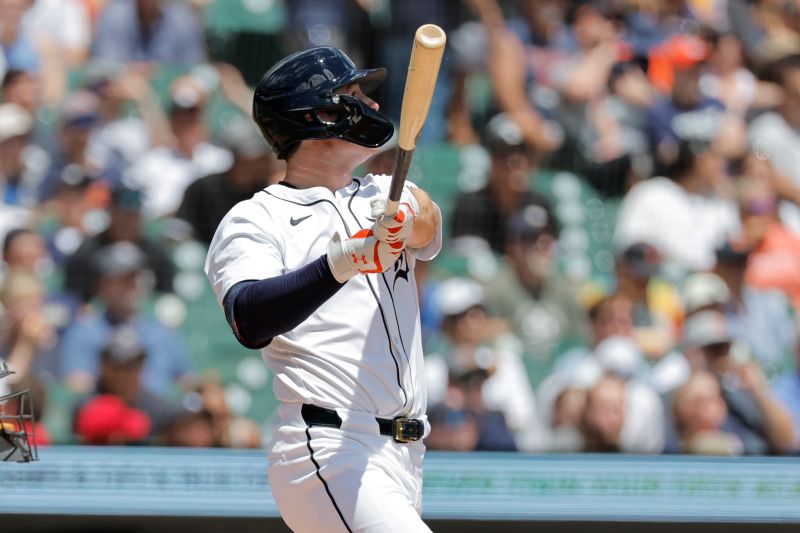 Jun 23, 2024; Detroit, Michigan, USA;  Detroit Tigers second baseman Colt Keith (33) hits a two-run home run in the first inning against the Chicago White Sox at Comerica Park. Mandatory Credit: Rick Osentoski-USA TODAY Sports