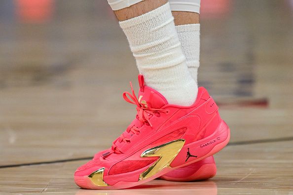 SALT LAKE CITY, UTAH - JANUARY 01: A detail view of Luka Doncic #77 of the Dallas Mavericks' shoes in the game against the Utah Jazz at Delta Center on January 01, 2024 in Salt Lake City, Utah. NOTE TO USER: User expressly acknowledges and agrees that, by downloading and or using this photograph, User is consenting to the terms and conditions of the Getty Images License Agreement. (Photo by Alex Goodlett/Getty Images)