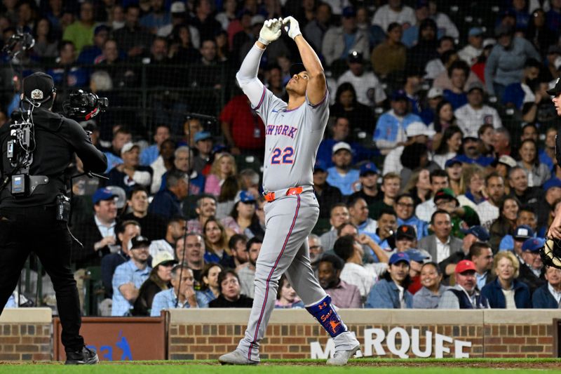 Sep 24, 2025; Chicago, Illinois, USA;  New York Mets outfielder Juan Soto (22) reacts after hitting a home run during the eighth inning against the Chicago Cubs  at Wrigley Field. Mandatory Credit: Matt Marton-Imagn Images