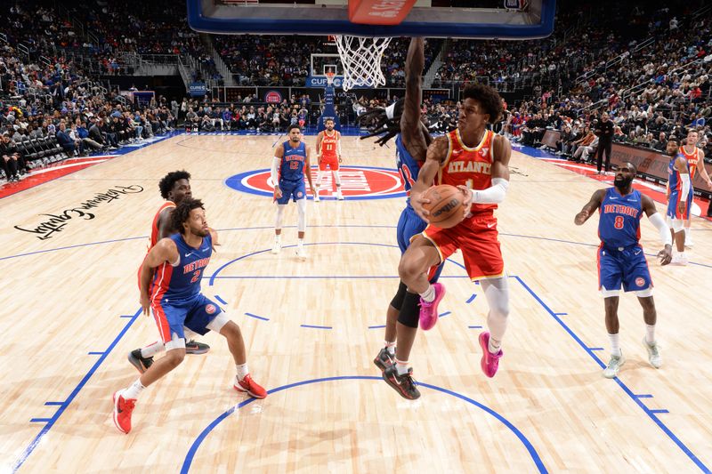 DETROIT, MI - NOVEMBER 8:  Jalen Johnson #1 of the Atlanta Hawks shoots the ball during the game against the Detroit Pistonson November  8, 2024 at Little Caesars Arena in Detroit, Michigan. NOTE TO USER: User expressly acknowledges and agrees that, by downloading and/or using this photograph, User is consenting to the terms and conditions of the Getty Images License Agreement. Mandatory Copyright Notice: Copyright 2024 NBAE (Photo by Chris Schwegler/NBAE via Getty Images)