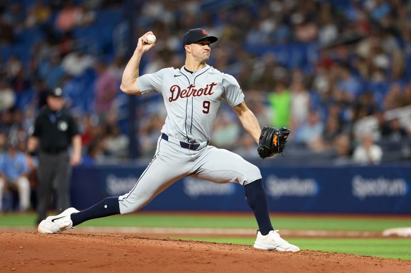 Apr 24, 2024; St. Petersburg, Florida, USA; Detroit Tigers pitcher Jack Flaherty (9) throws a pitch against the Tampa Bay Rays in the third inning at Tropicana Field. Mandatory Credit: Nathan Ray Seebeck-USA TODAY Sports