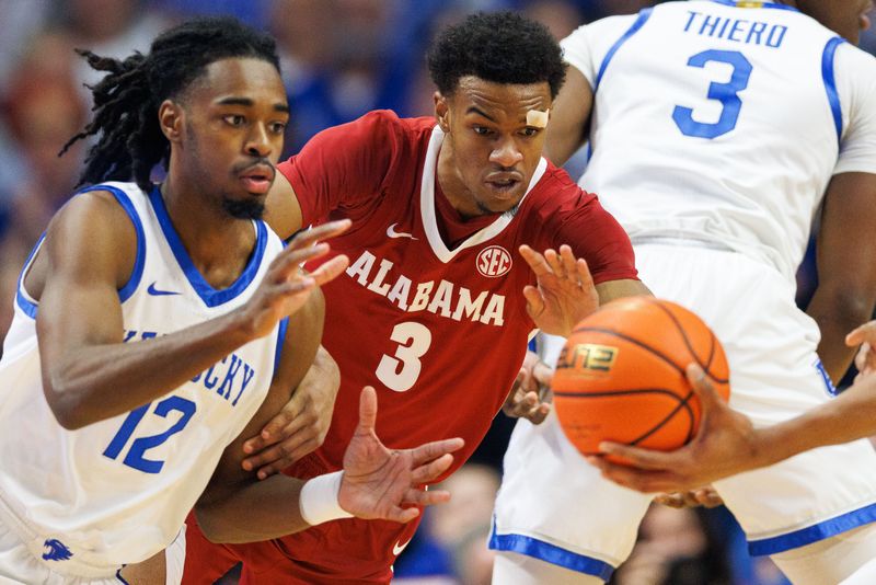 Feb 24, 2024; Lexington, Kentucky, USA; Alabama Crimson Tide guard Rylan Griffen (3) guards Kentucky Wildcats guard Antonio Reeves (12) during the first half at Rupp Arena at Central Bank Center. Mandatory Credit: Jordan Prather-USA TODAY Sports