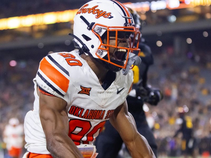Sep 9, 2023; Tempe, Arizona, USA; Oklahoma State Cowboys wide receiver Brennan Presley (80) celebrates after scoring a touchdown against the Arizona State Sun Devils in the second half at Mountain America Stadium. Mandatory Credit: Mark J. Rebilas-USA TODAY Sports