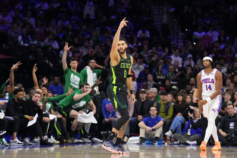 PHILADELPHIA, PA - FEBRUARY 2: Jayson Tatum #0 of the Boston Celtics celebrates three point basket during the game against the Philadelphia 76ers on February 2, 2025 at the Wells Fargo Center in Philadelphia, Pennsylvania NOTE TO USER: User expressly acknowledges and agrees that, by downloading and/or using this Photograph, user is consenting to the terms and conditions of the Getty Images License Agreement. Mandatory Copyright Notice: Copyright 2025 NBAE(Photo by Jesse D. Garrabrant/NBAE via Getty Images)