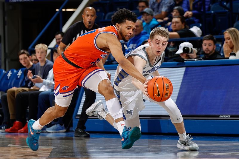 Jan 31, 2023; Colorado Springs, Colorado, USA; Boise State Broncos guard Marcus Shaver Jr. (10) and Air Force Falcons guard Jake Heidbreder (3) battle for a loose ball in the first half at Clune Arena. Mandatory Credit: Isaiah J. Downing-USA TODAY Sports