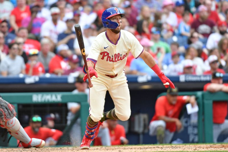 May 19, 2024; Philadelphia, Pennsylvania, USA; Philadelphia Phillies first base Kody Clemens (2) watches his two RBI double against the Washington Nationals during the fifth inning at Citizens Bank Park. Mandatory Credit: Eric Hartline-USA TODAY Sports