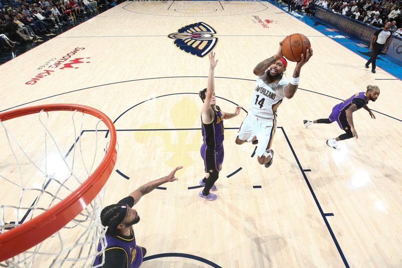 NEW ORLEANS, LA - NOVEMBER 16:  Brandon Ingram #14 of the New Orleans Pelicans shoots the ball during the game against the Los Angeles Lakers on November 16, 2024 at the Smoothie King Center in New Orleans, Louisiana. NOTE TO USER: User expressly acknowledges and agrees that, by downloading and or using this Photograph, user is consenting to the terms and conditions of the Getty Images License Agreement. Mandatory Copyright Notice: Copyright 2024 NBAE (Photo by Layne Murdoch Jr./NBAE via Getty Images)