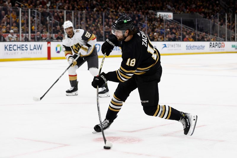 Feb 29, 2024; Boston, Massachusetts, USA; Boston Bruins center Pavel Zacha (18) shoots against the Vegas Golden Knights during the third period at TD Garden. Mandatory Credit: Winslow Townson-USA TODAY Sports