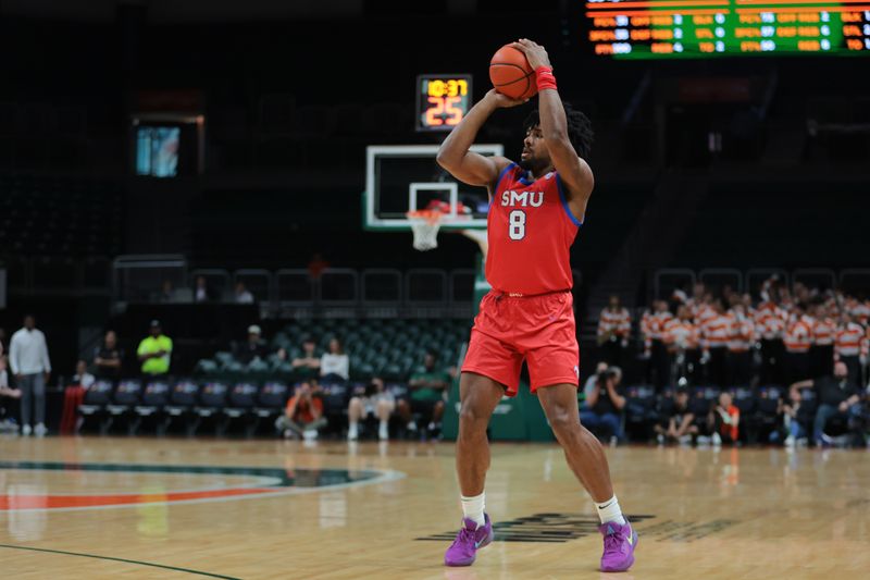 Jan 18, 2025; Coral Gables, Florida, USA; Southern Methodist Mustangs guard Kario Oquendo (8) shoots the basketball against the Miami Hurricanes during the first half at Watsco Center. Mandatory Credit: Sam Navarro-Imagn Images