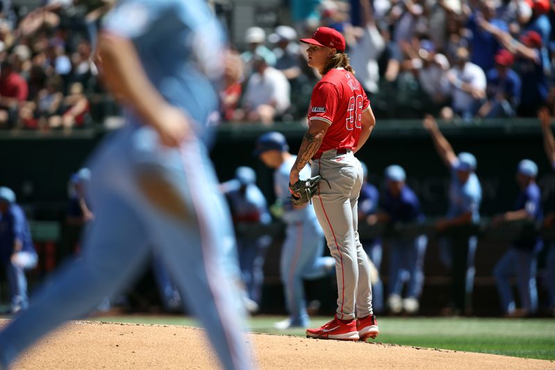 Sep 8, 2024; Arlington, Texas, USA; Los Angeles Angels pitcher Caden Dana (36) reacts after giving up a two run home run in the first inning against the Texas Rangers at Globe Life Field. Mandatory Credit: Tim Heitman-Imagn Images