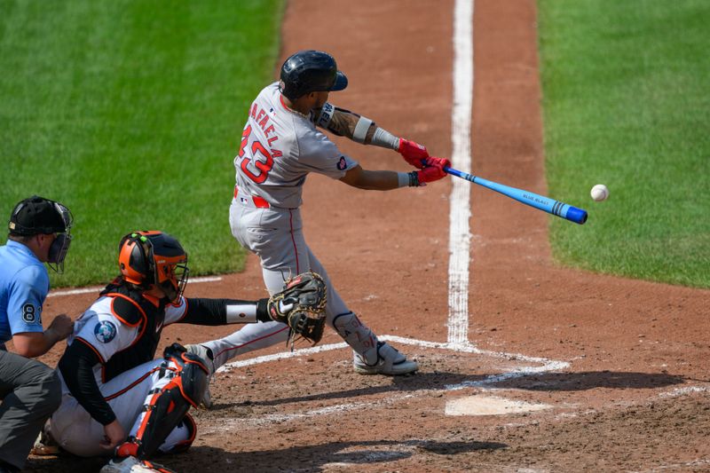 Aug 18, 2024; Baltimore, Maryland, USA; Boston Red Sox shortstop Ceddanne Rafaela (43) hits a single during the eighth inning against the Baltimore Orioles at Oriole Park at Camden Yards. Mandatory Credit: Reggie Hildred-USA TODAY Sports