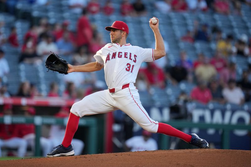 Aug 14, 2024; Anaheim, California, USA; Los Angeles Angels starting pitcher Tyler Anderson (31) throws in the second inning against the Toronto Blue Jays at Angel Stadium. Mandatory Credit: Kirby Lee-USA TODAY Sports