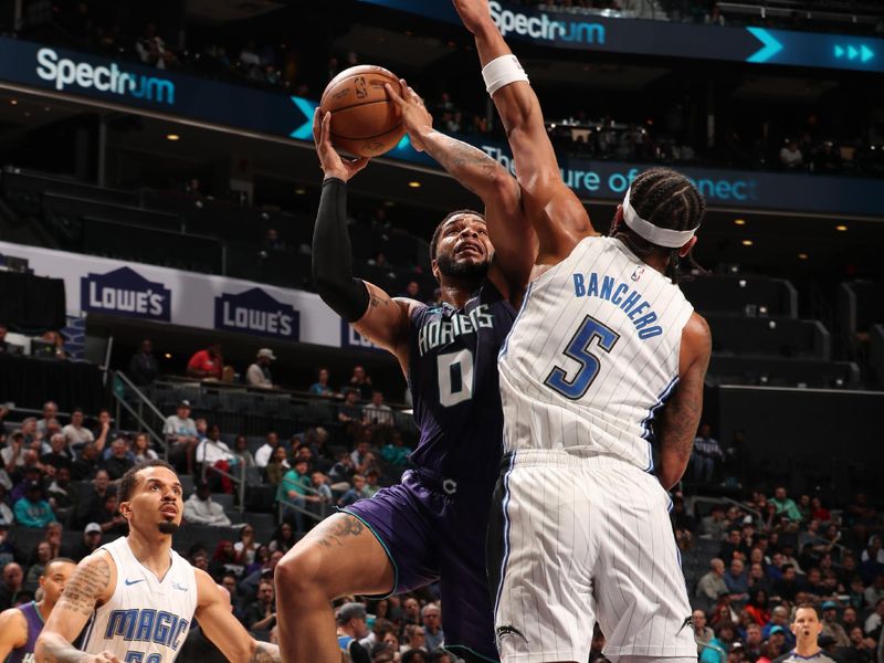 CHARLOTTE, NC - MARCH 5: Miles Bridges #0 of the Charlotte Hornets drives to the basket during the game against the Orlando Magic on March 5, 2024 at Spectrum Center in Charlotte, North Carolina. NOTE TO USER: User expressly acknowledges and agrees that, by downloading and or using this photograph, User is consenting to the terms and conditions of the Getty Images License Agreement. Mandatory Copyright Notice: Copyright 2024 NBAE (Photo by Kent Smith/NBAE via Getty Images)