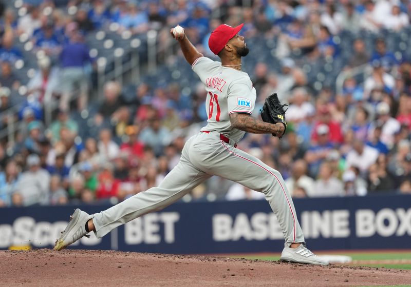 Jun 3, 2025; Toronto, Ontario, CAN; Philadelphia Phillies starting pitcher Cristopher Sanchez (61) throws a pitch against the Toronto Blue Jays during the first inning at Rogers Centre. Mandatory Credit: Nick Turchiaro-Imagn Images