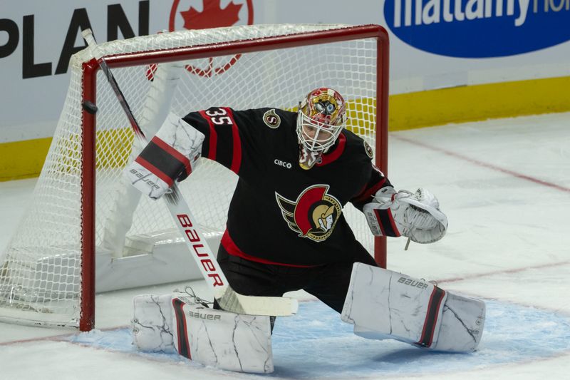 Nov 14, 2024; Ottawa, Ontario, CAN; Ottawa Senators goalie Linus Ullmark (35) makes a save in the third period against the Philadelphia Flyers at the Canadian Tire Centre. Mandatory Credit: Marc DesRosiers-Imagn Images