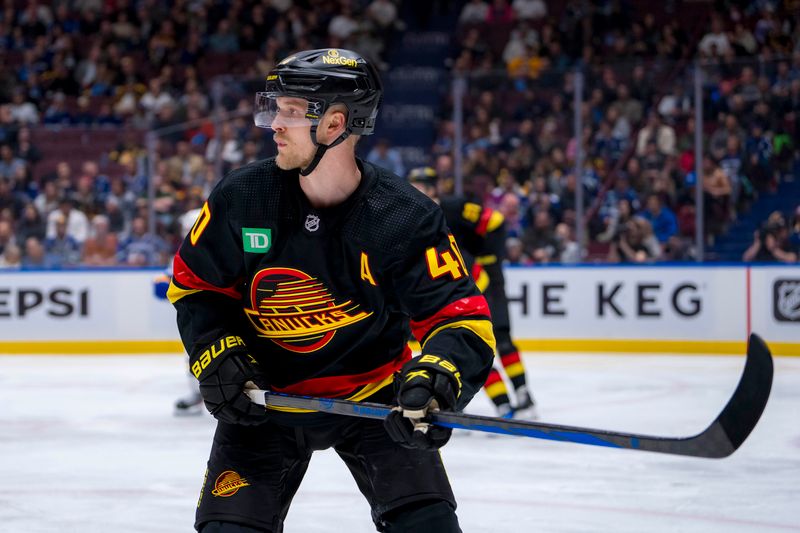 Mar 19, 2024; Vancouver, British Columbia, CAN; Vancouver Canucks forward Elias Pettersson (40) skates against the Buffalo Sabres in the second period at Rogers Arena. Mandatory Credit: Bob Frid-USA TODAY Sports