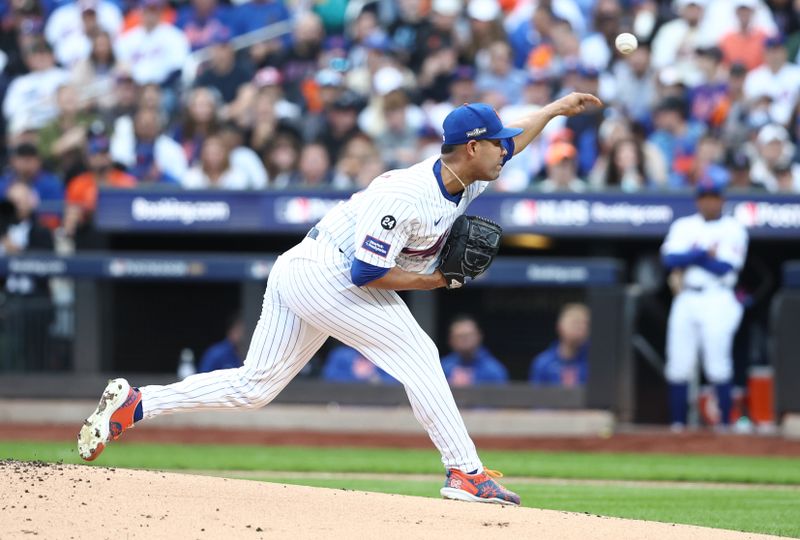 Oct 9, 2024; New York, New York, USA; New York Mets pitcher Jose Quintana (62) throws in the first inning against the Philadelphia Phillies in game four of the NLDS for the 2024 MLB Playoffs at Citi Field. Mandatory Credit: Wendell Cruz-Imagn Images