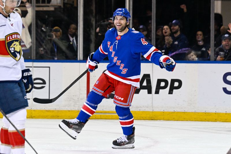 Mar 29, 2026; New York, New York, USA;  New York Rangers left wing Conor Sheary (43) celebrates his goal against the Florida Panthers during the third period at Madison Square Garden. Mandatory Credit: Dennis Schneidler-Imagn Images