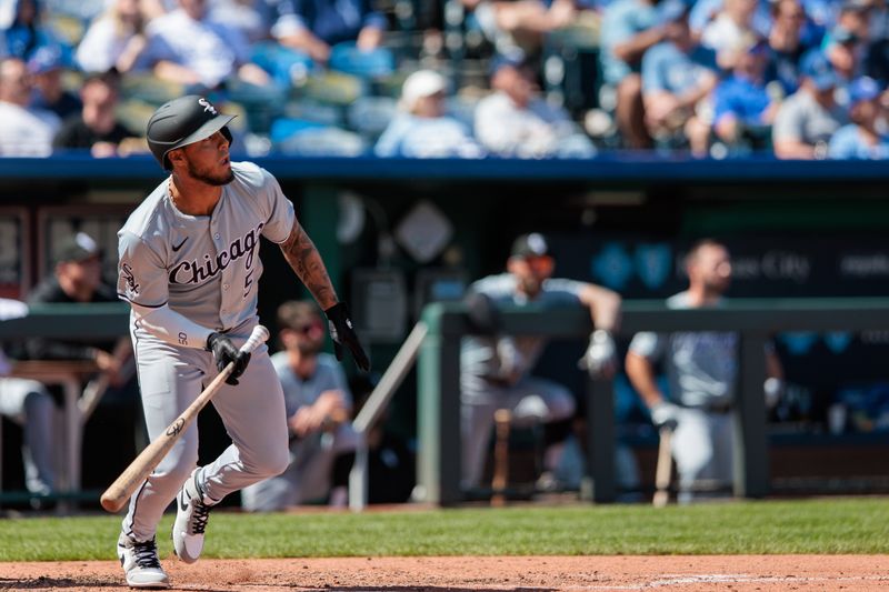 Apr 7, 2024; Kansas City, Missouri, USA; Chicago White Sox second base Lenyn Sosa (50) watches the ball after a hit during the fifth inning against the Kansas City Royals at Kauffman Stadium. Mandatory Credit: William Purnell-USA TODAY Sports