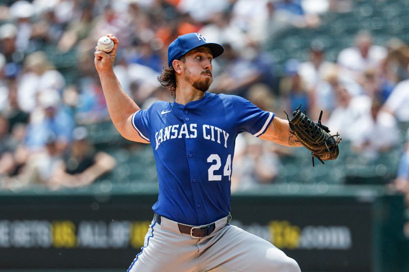 Jun 8, 2025; Chicago, Illinois, USA; Kansas City Royals starting pitcher Michael Lorenzen (24) delivers a pitch against the Chicago White Sox during the first inning at Rate Field. Mandatory Credit: Kamil Krzaczynski-Imagn Images