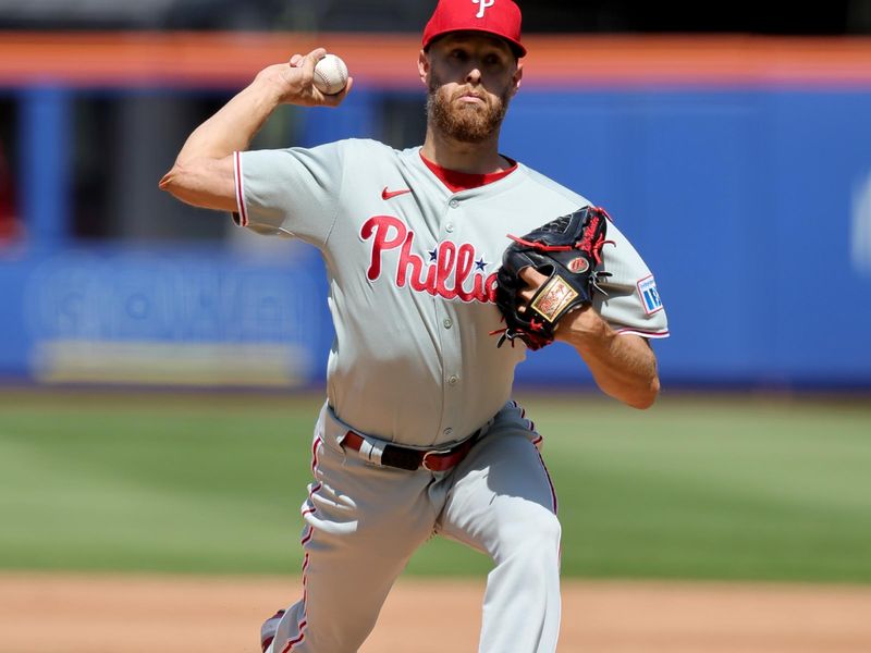 Apr 23, 2025; New York City, New York, USA; Philadelphia Phillies starting pitcher Zack Wheeler (45) pitches against the New York Mets during the third inning at Citi Field. Mandatory Credit: Brad Penner-Imagn Images