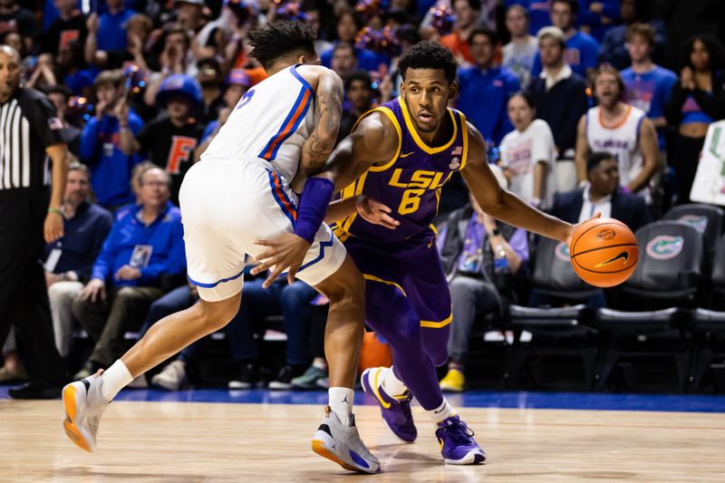 Feb 13, 2024; Gainesville, Florida, USA; LSU Tigers guard Jordan Wright (6) drives to the basket around Florida Gators guard Will Richard (5) during the first half at Exactech Arena at the Stephen C. O'Connell Center. Mandatory Credit: Matt Pendleton-USA TODAY Sports