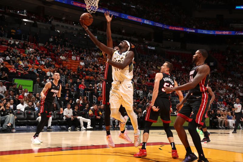 MIAMI, FL - JANUARY 2: Pascal Siakam #43 of the Indiana Pacers drives to the basket during the game against the Miami Heat on January 2, 2025 at Kaseya Center in Miami, Florida. NOTE TO USER: User expressly acknowledges and agrees that, by downloading and or using this Photograph, user is consenting to the terms and conditions of the Getty Images License Agreement. Mandatory Copyright Notice: Copyright 2025 NBAE (Photo by Issac Baldizon/NBAE via Getty Images)