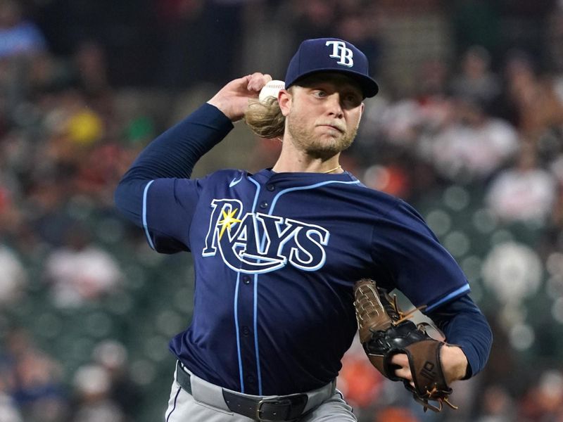 Sep 24, 2025; Baltimore, Maryland, USA; Tampa Bay Rays pitcher Shane Baz (11) throws pitch in the first inning against the Baltimore Orioles at Oriole Park at Camden Yards. Mandatory Credit: Mitch Stringer-Imagn Images