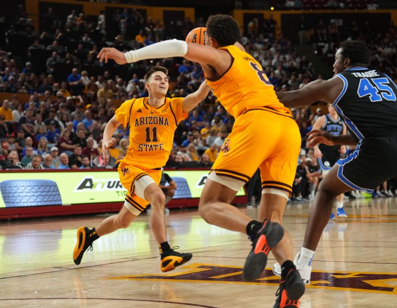 Feb 26, 2025; Tempe, Arizona, USA; Arizona State Sun Devils guard Bobby Hurley (11) goes after a loose ball against the Brigham Young Cougars during the first half at Desert Financial Arena. Mandatory Credit: Joe Camporeale-Imagn Images