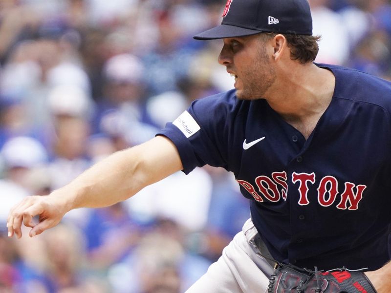 Jul 16, 2023; Chicago, Illinois, USA; Boston Red Sox relief pitcher Kutter Crawford (50) throws the ball against the Chicago Cubs during the first inning at Wrigley Field. Mandatory Credit: David Banks-USA TODAY Sports