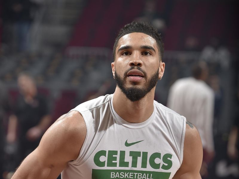 CLEVELAND, OH - MARCH 5: Jayson Tatum #0 of the Boston Celtics warms up before the game against the Cleveland Cavaliers on March 5, 2024 at Rocket Mortgage FieldHouse in Cleveland, Ohio. NOTE TO USER: User expressly acknowledges and agrees that, by downloading and/or using this Photograph, user is consenting to the terms and conditions of the Getty Images License Agreement. Mandatory Copyright Notice: Copyright 2024 NBAE (Photo by David Liam Kyle/NBAE via Getty Images)