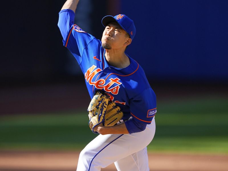 Sep 14, 2023; New York City, New York, USA; New York Mets pitcher Kodai Senga (34) delivers a pitch against the Arizona Diamondbacks during the first inning at Citi Field. Mandatory Credit: Gregory Fisher-USA TODAY Sports