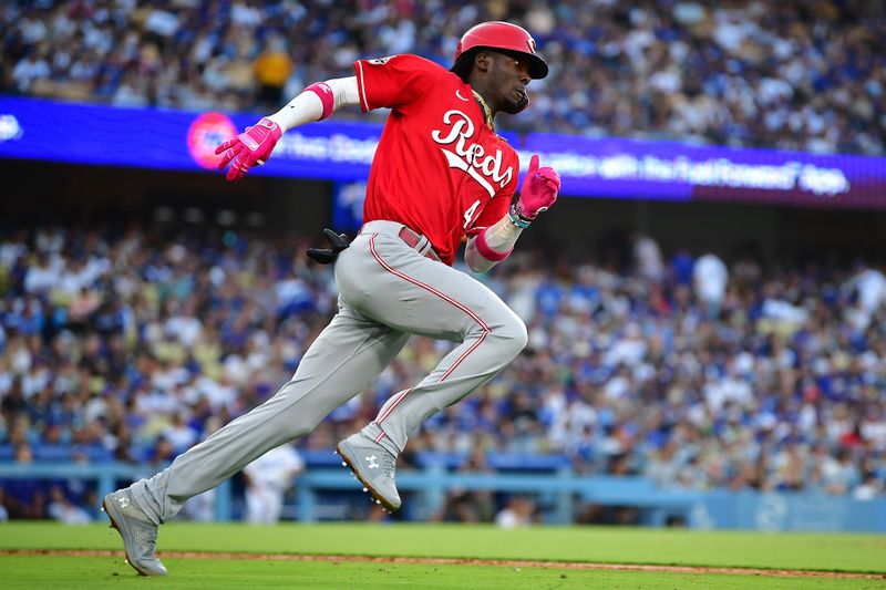 Jul 29, 2023; Los Angeles, California, USA; Cincinnati Reds shortstop Elly De La Cruz (44) runs after hitting a double against the Los Angeles Dodgers during the sixth inning at Dodger Stadium. Mandatory Credit: Gary A. Vasquez-USA TODAY Sports