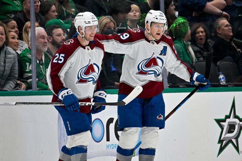 Jan 4, 2024; Dallas, Texas, USA; Colorado Avalanche right wing Logan O'Connor (25) and center Nathan MacKinnon (29) celebrates the game winning goal scored by MacKinnon during the overtime period against the Dallas Stars at the American Airlines Center. Mandatory Credit: Jerome Miron-USA TODAY Sports