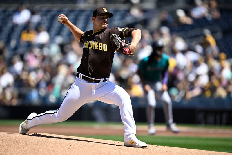 Mar 26, 2024; San Diego, California, USA; San Diego Padres relief pitcher Michael King (34) throws a pitch against the Seattle Mariners during the first inning at Petco Park. Mandatory Credit: Orlando Ramirez-USA TODAY Sports