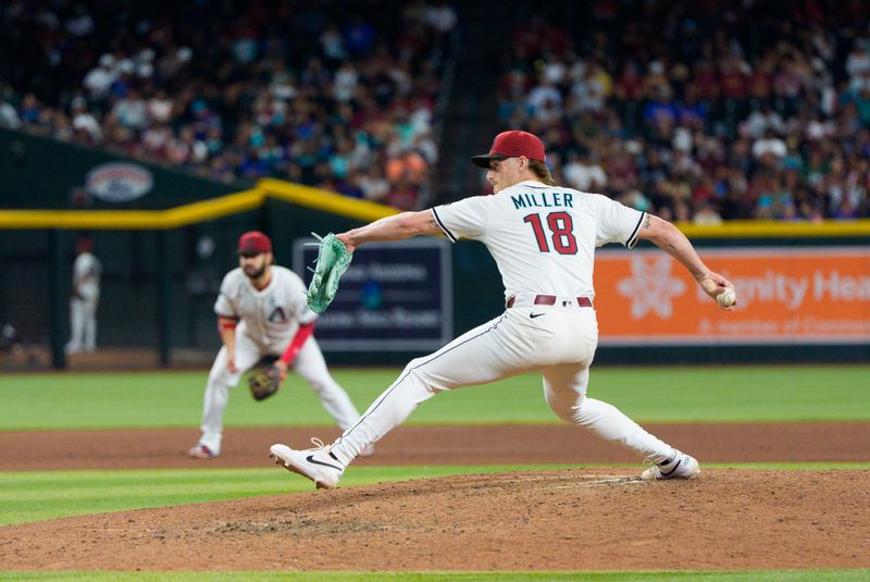 Jun 1, 2025; Phoenix, Arizona, USA; Arizona Diamondbacks pitcher Shelby Miller (18) on the mound in the eighth inning against the Washington Nationals at Chase Field. Mandatory Credit: Allan Henry-Imagn Images