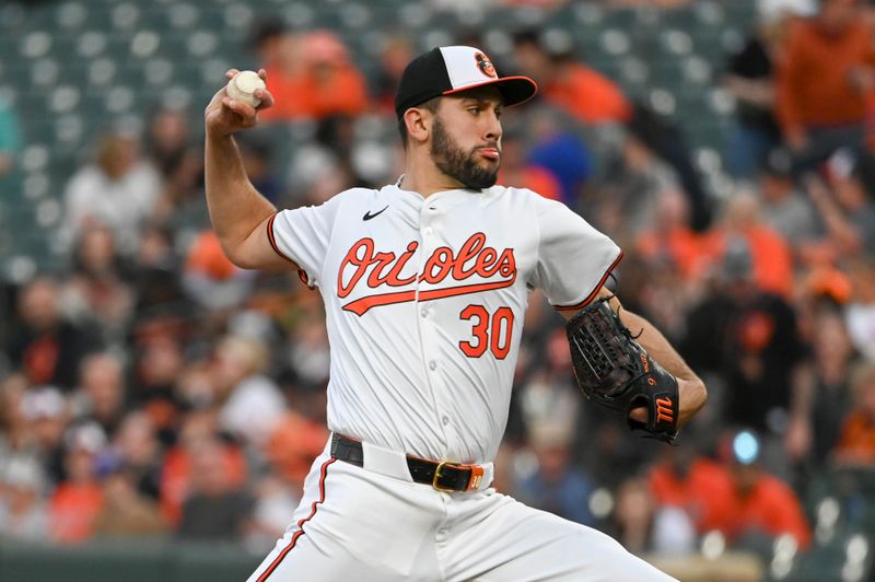 Apr 16, 2024; Baltimore, Maryland, USA;  Baltimore Orioles pitcher Grayson Rodriguez (30) throws a third inning pitch against the Minnesota Twins at Oriole Park at Camden Yards. Mandatory Credit: Tommy Gilligan-USA TODAY Sports