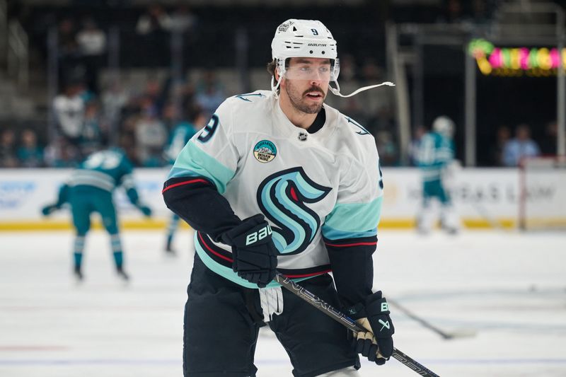 Nov 29, 2024; San Jose, California, USA; Seattle Kraken center Chandler Stephenson (9) warms up on the ice before the game against the San Jose Sharks at SAP Center at San Jose. Mandatory Credit: Robert Edwards-Imagn Images