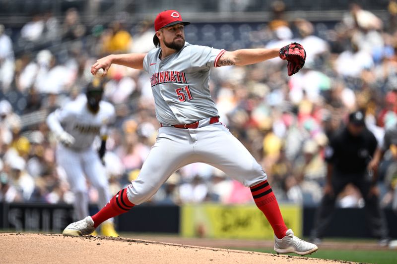 May 1, 2024; San Diego, California, USA; Cincinnati Reds starting pitcher Graham Ashcraft (51) throws a pitch against the San Diego Padres during the first inning at Petco Park. Mandatory Credit: Orlando Ramirez-USA TODAY Sports