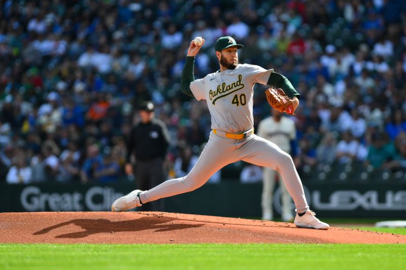 Sep 29, 2024; Seattle, Washington, USA; Oakland Athletics starting pitcher Mitch Spence (40) pitches to the Seattle Mariners during the first inning at T-Mobile Park. Mandatory Credit: Steven Bisig-Imagn Images