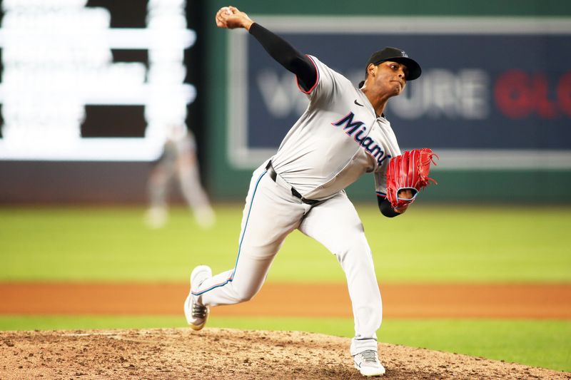 Sep 13, 2024; Washington, District of Columbia, USA; Miami Marlins pitcher Edward Cabrera (27) delivers a throw during the fifth inning of a baseball game against the Washington Nationals at Nationals Park. Mandatory Credit: Daniel Kucin Jr.-Imagn Images

