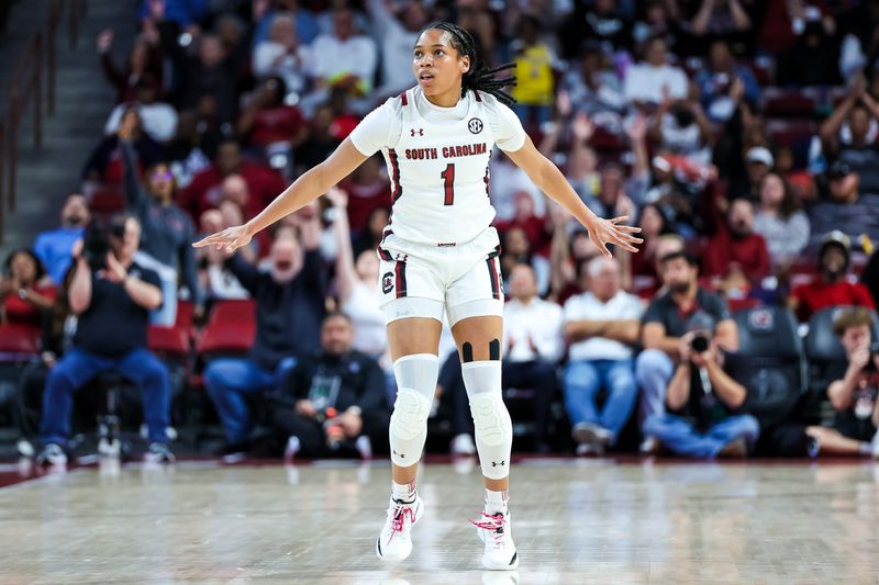 Feb 16, 2023; Columbia, South Carolina, USA; South Carolina Gamecocks guard Zia Cooke (1) celebrates a three point basket against the Florida Gators in the first half at Colonial Life Arena. Mandatory Credit: Jeff Blake-USA TODAY Sports