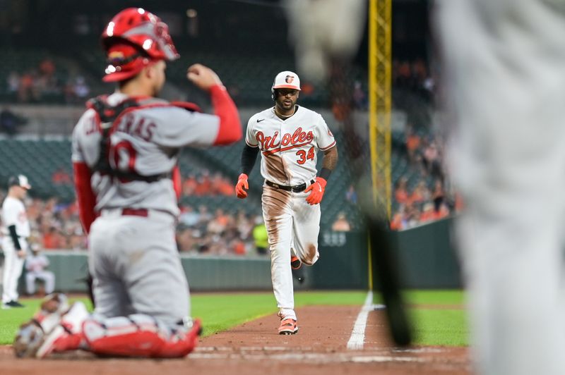 Sep 11, 2023; Baltimore, Maryland, USA; Baltimore Orioles center fielder Aaron Hicks (34) runs homer to score score during the second inning against the St. Louis Cardinals  at Oriole Park at Camden Yards. Mandatory Credit: Tommy Gilligan-USA TODAY Sports